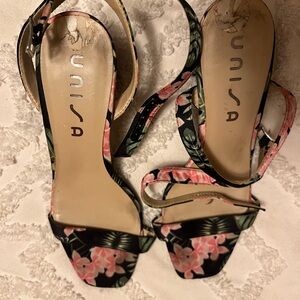 Unisa Black and Pink Floral Heels